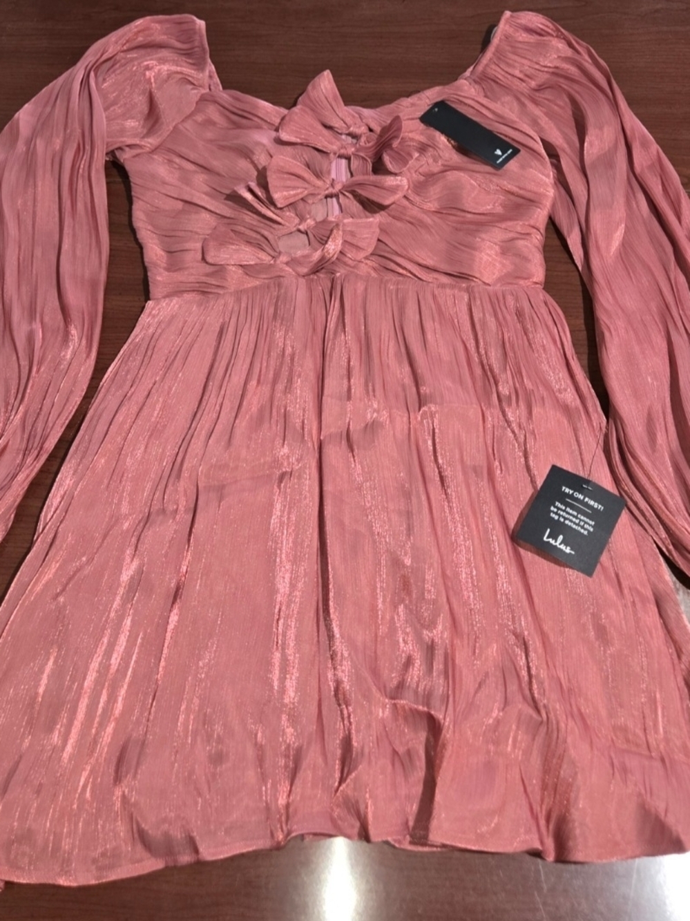 Lulu's Women's M Dusty Rose Textured Dress Bows Babydoll Fairycore NWT
